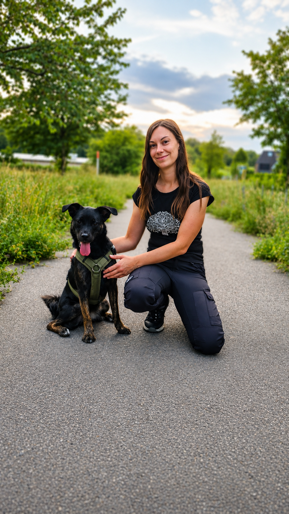 Anna Prädel kniet auf einem Weg neben ihrem schwarzen Hund und lächelt in die Kamera